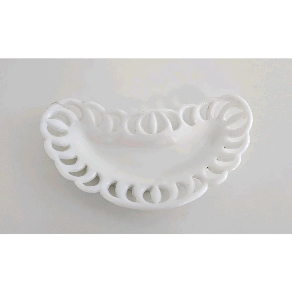 Vintage Custard Glass Openwork Oval Dish Pierced Trinket Relish Candy Dish